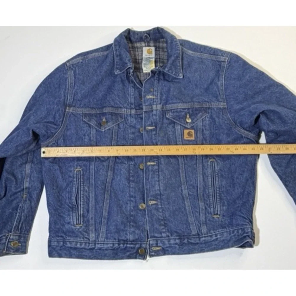 Made in USA Carhartt J11 DST Large Trucker Denim Jacket Plaid Blanket Lined Mens